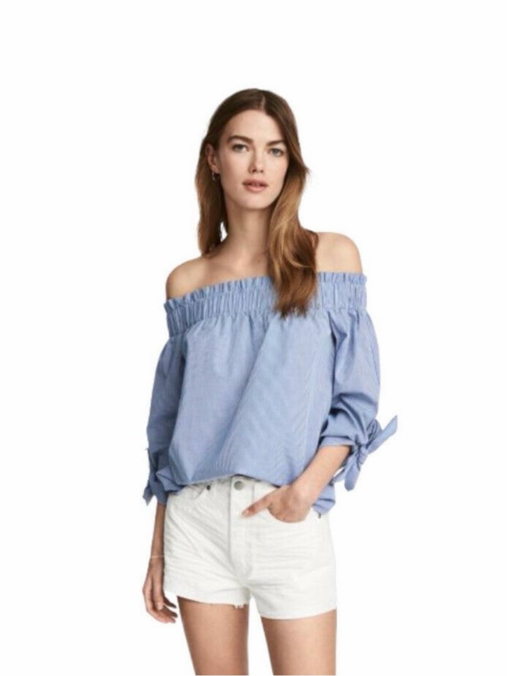 H&M Off-Shoulder Blue Stripe Tie-Sleeve Top - Picture 1 of 5